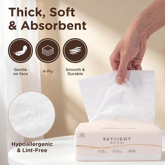 Daylight Bridge Soft Tissue 4ply, 400 Sheets~100 Sheets, 8 Packs in a bag, Gentle on face, Soft & comfortable, 100% Virgin Pulp