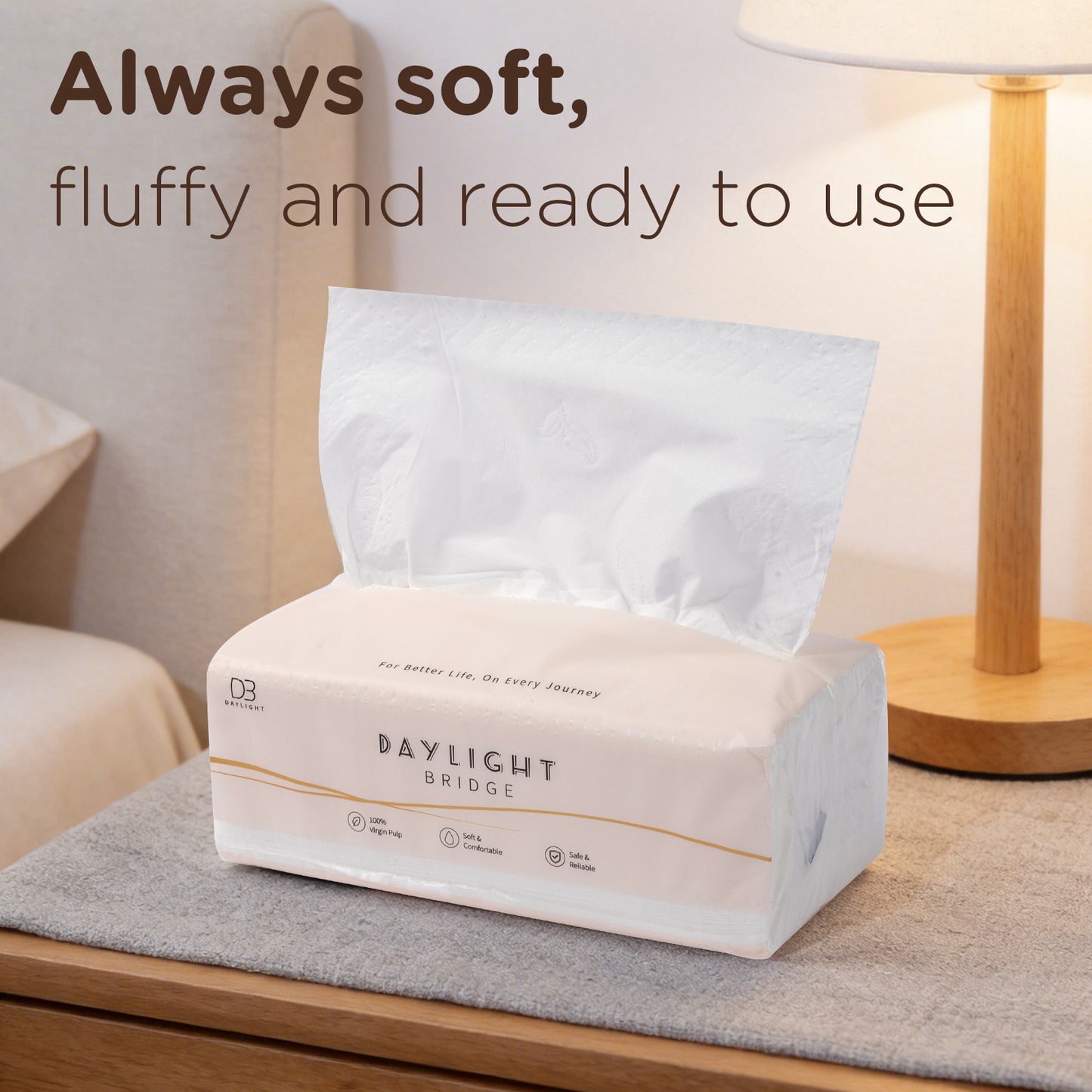 Daylight Bridge Soft Tissue 4ply, 400 Sheets~100 Sheets, 8 Packs in a bag, Gentle on face, Soft & comfortable, 100% Virgin Pulp