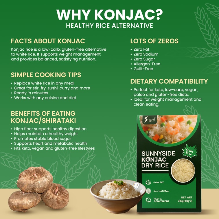 Sunnyside Konjac Dry Rice (200g) – Zero Sugar, Low Fat, High Fiber, Vegan & Gluten-Free Rice Alternative